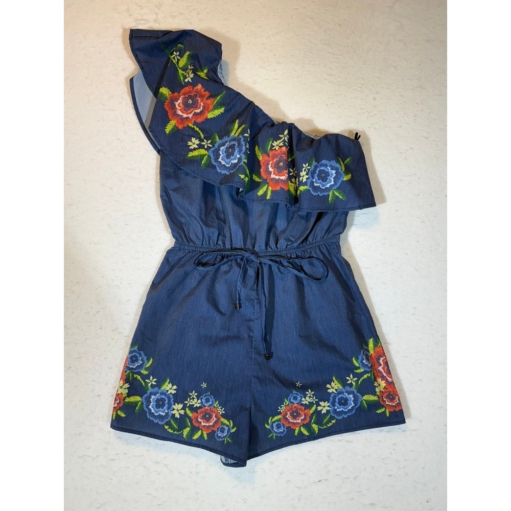 Jealous Tomato Womens One Shoulder Floral Romper Blue Large